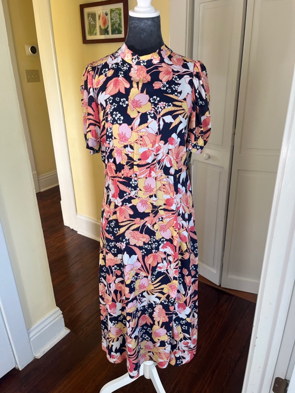 Floral Midi Dress in Navy with Pink & Yellow Flowers